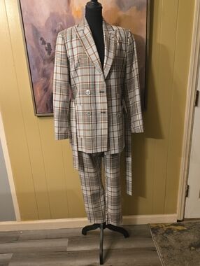 ASOS Cream and Brown Plaid Double-Breasted Suit Set